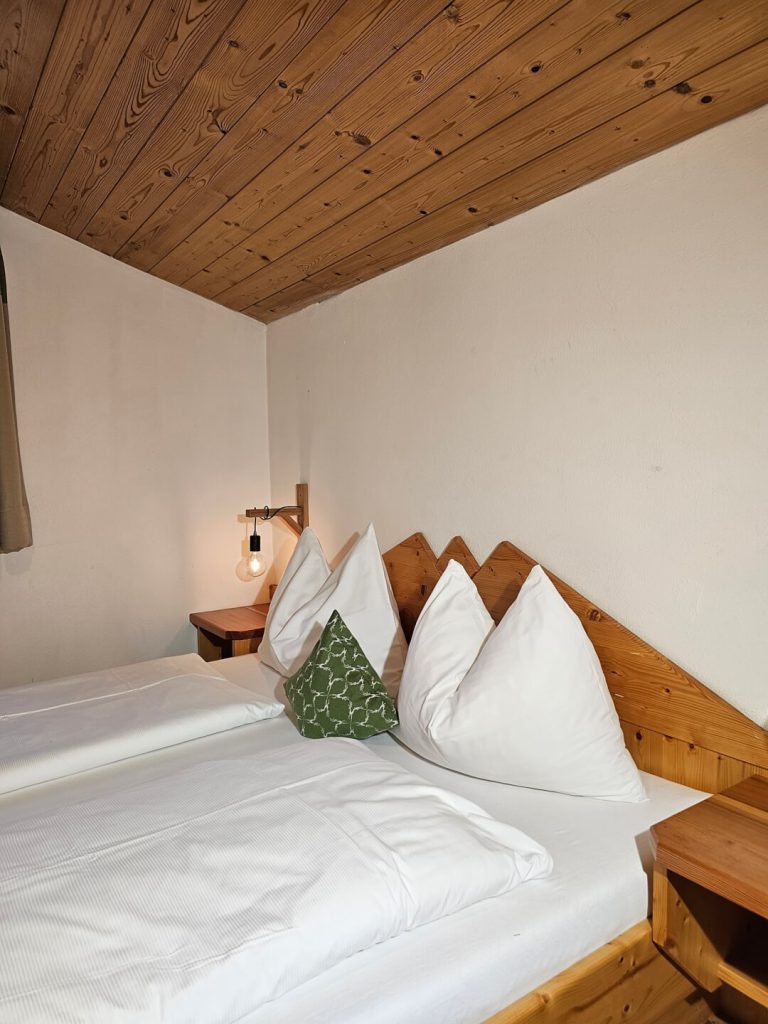 Gemütliches Schlafzimmer mit Holzdetails, zwei Betten und dekorativem Kissen in Flachau.