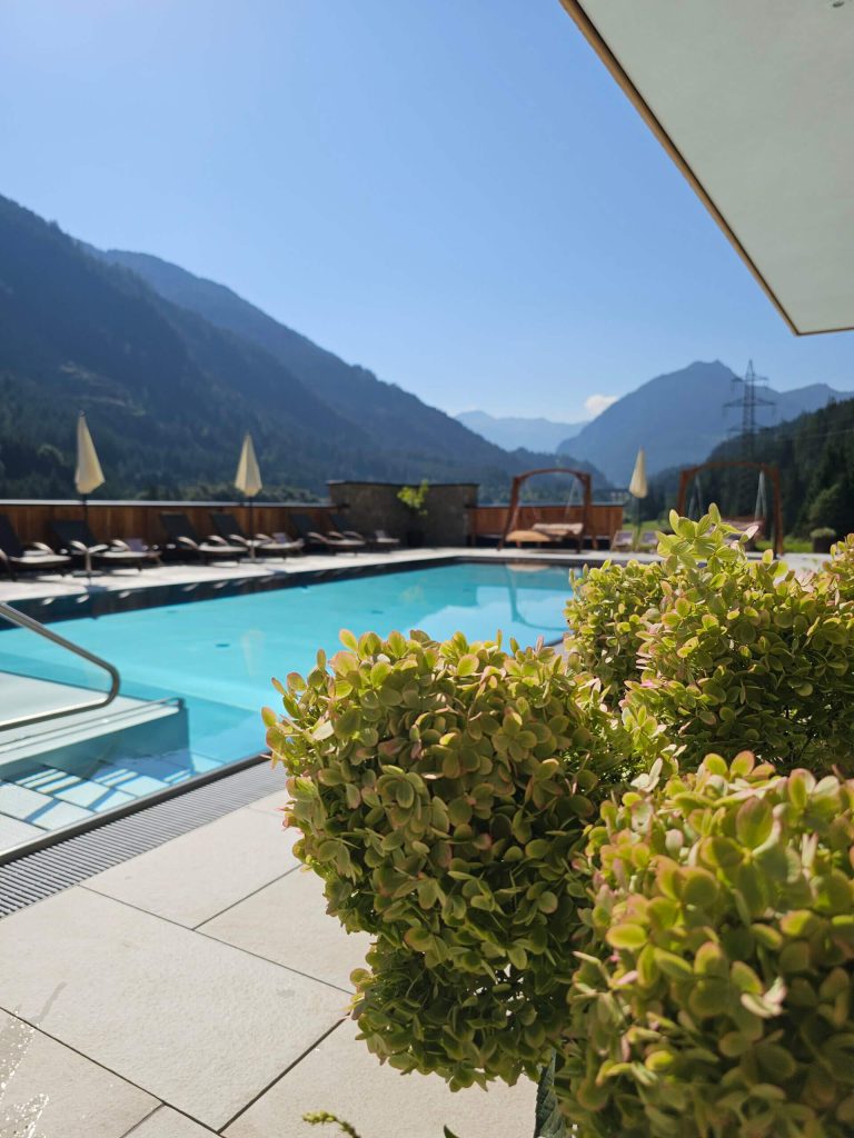 Blick auf den Pool mit Bergen im Hintergrund, umgeben von Pflanzen in Flachau.